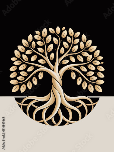 Golden Tree Logo Design with Roots and Branches.
