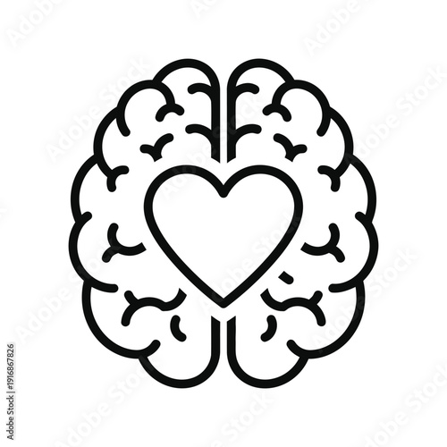 An overhead view illustration shows the human brain separated into hemispheres with a large heart shape centered between the lobes.