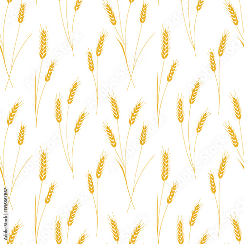 Golden wheat stalks create a seamless repeating pattern on white