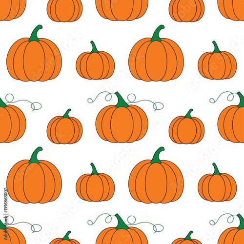 Seamless pattern featuring vibrant orange pumpkins with green stems and vines