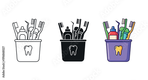 An illustration of three colorful toothbrush holders with various oral care products
