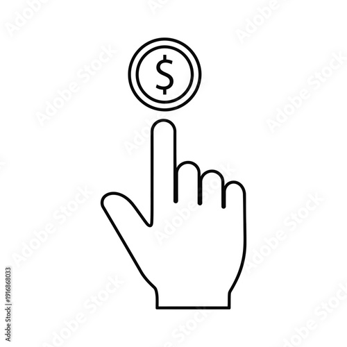 A hand cursor icon points directly upward toward a dollar sign coin, symbolizing making a payment or online transaction.