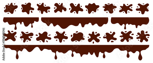Collection of melted, dripping, splatter chocolate brown liquid elements