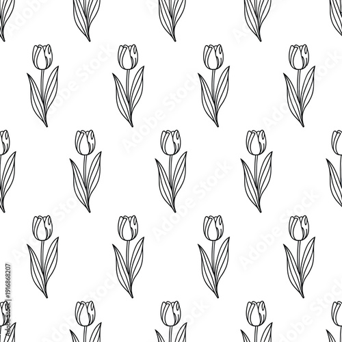 Seamless pattern of delicate tulip illustrations in black and white