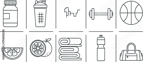 Fitness and Healthy Lifestyle Icon Set with Supplements Shaker Dumbbell Basketball Fruits Towel Water Bottle and Gym Bag Line Vector Illustration.