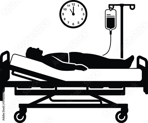 Person lying on hospital bed with I V drip and clock on wall patient 1