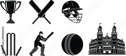 Cricket Championship Silhouette Vector Set, Trophy, Bat, Helmet, Ball, Wickets, Player and Stadium Icons Collection Isolated in Black