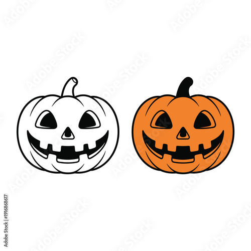 Two jack o lanterns one outlined in black and the other fully orange