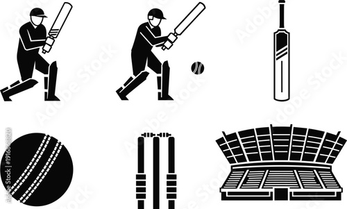 Cricket sport silhouette icon set, batsman batting cricket ball bat wicket stadium vector illustration collection for sports design