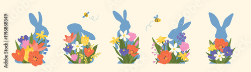 Set of blue silhouettes of rabbits with spring flower bouquets and bees for Easter card design, vector illustration
