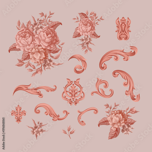 Antoinette baroque elements set with blue roses vintage ornamental design collection