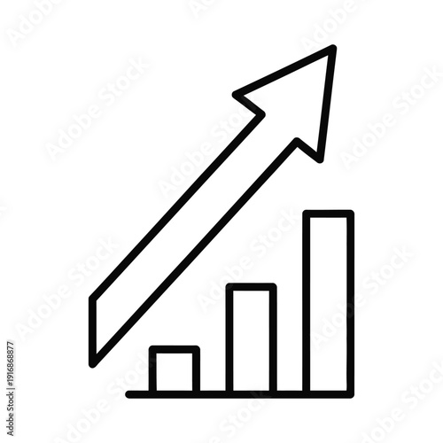 Ascending bar graph with a strong upward trending arrow illustrates positive business growth and financial success metrics.