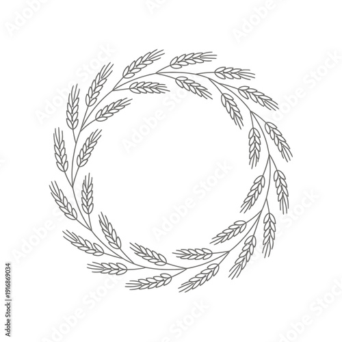 A delicate circular wreath composed of sketched wheat stalks and floral elements