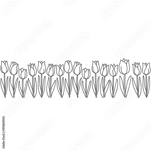 A line of simple black and white tulip flower illustrations