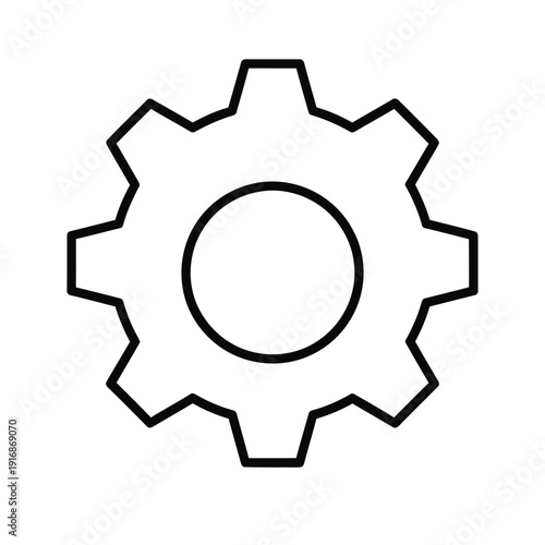 Single black outline icon representing a mechanical gear mechanism is isolated on a white background for design use.