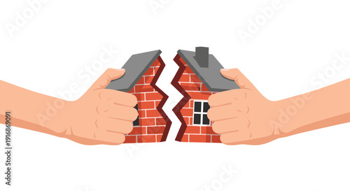 Two hands forcefully pulling apart a red brick house, symbolizing property division or legal separation.