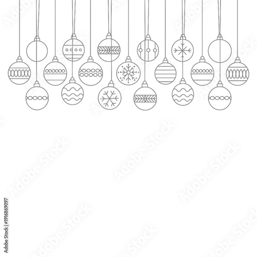 Line art illustration of hanging ornaments against a white background