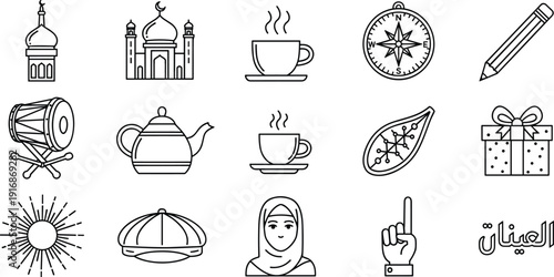 Islamic ramadan icon set, mosque tea drum compass gift hijab arabic text elements, muslim culture symbols, vector line illustration