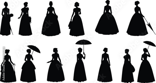 Elegant Victorian women silhouettes collection in long dresses with umbrellas and accessories, classic vintage fashion set, black isolated female figures, retro lady illustration on white background.