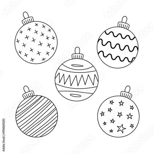 Simple black and white illustration of five decorative christmas ornaments