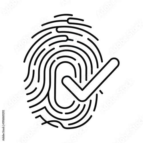 A black and white outline icon depicts a verified fingerprint with a checkmark indicating successful biometric authentication.