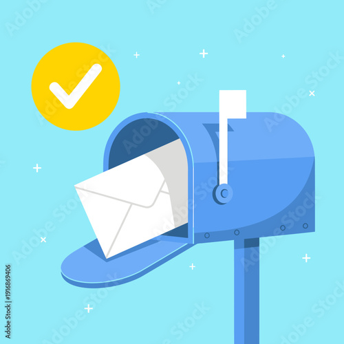An open blue mailbox with a white envelope inside and a checkmark icon on a light blue background with scattered stars viewed from the front