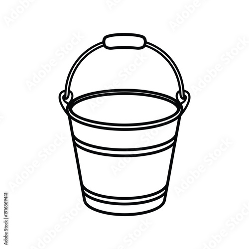 Simple black and white line drawing of a classic bucket with a handle