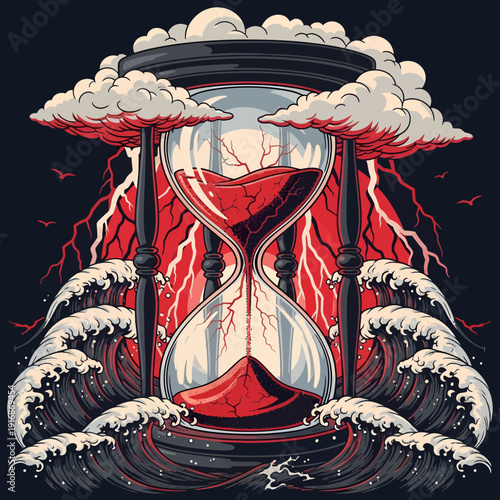 A surreal hourglass surrounded by turbulent waves and lightning, symbolizing the urgency of time amidst chaos, viewed from a dramatic perspective.