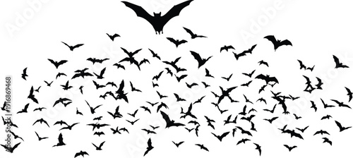 Flying bat silhouette swarm, spooky halloween night sky vector illustration, black gothic horror design element isolated on white background