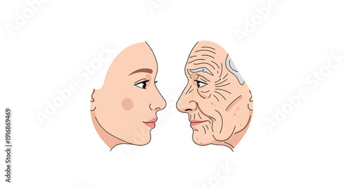 Two profile views of a woman's face depicting the contrast between youthful appearance and visible signs of old age.