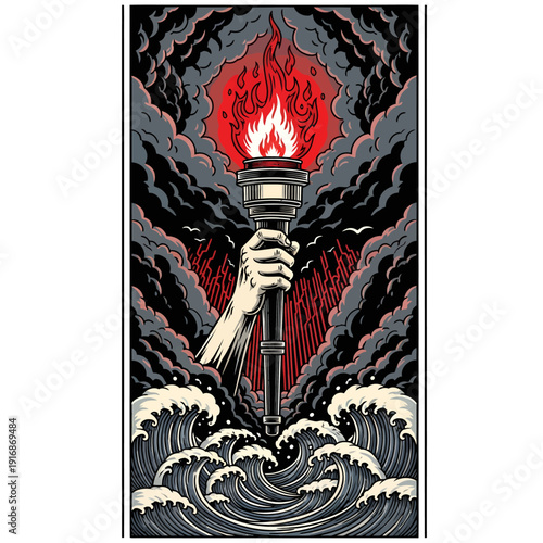A hand holding a torch emerges from turbulent waves under a dramatic sky with swirling clouds and a fiery glow