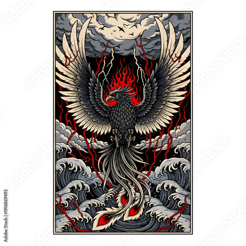 A majestic phoenix rising from turbulent waves with fiery flames, viewed from a dramatic front perspective in a chaotic stormy environment illustration