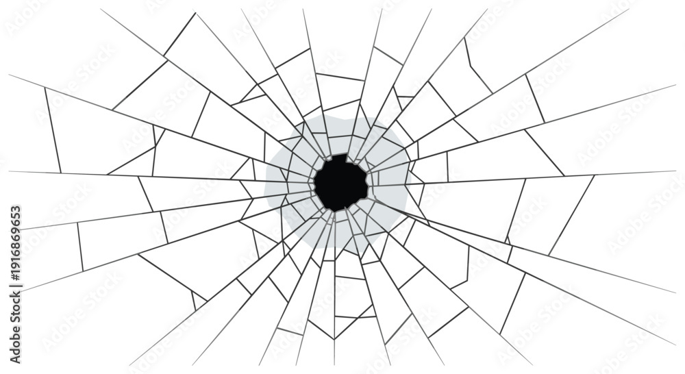 Obraz premium Bullet hole in the center of a white surface with radiating cracks forming a spiderweb pattern.
