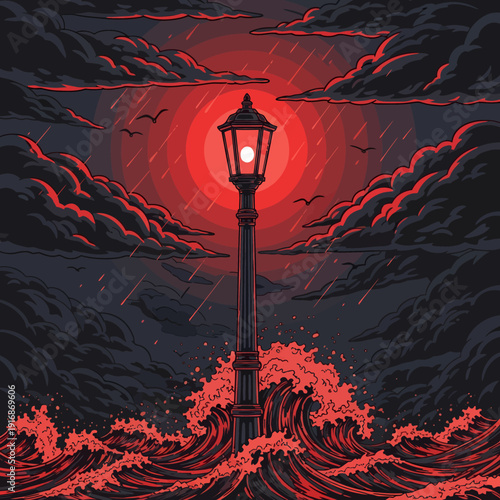 A lone lamppost stands amidst turbulent waves under a fiery red sky with birds flying overhead in the stormy weather