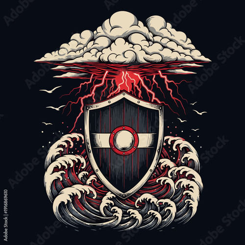 A shield with lightning and stormy weather surrounded by turbulent waves and flying seagulls from a front viewpoint