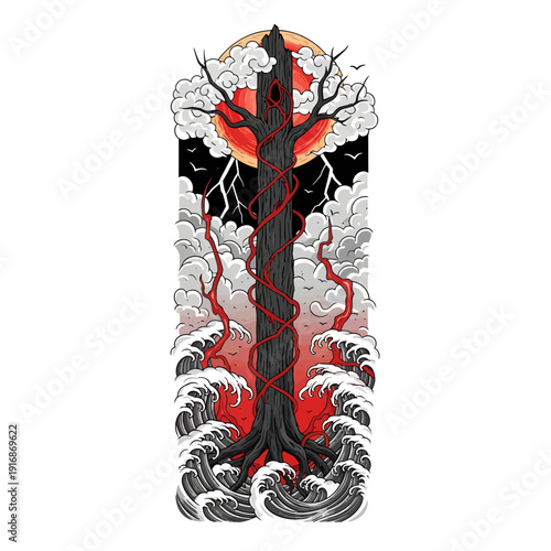 A surreal illustration of a tree with red veins surrounded by turbulent waves and cloudy skies from a frontal viewpoint