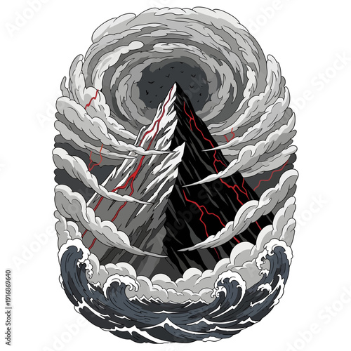 A dramatic illustration of a mountain surrounded by turbulent waves and clouds from a frontal viewpoint depicting a turbulent natural scene