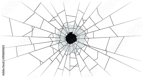 Bullet hole in the center of a white surface with radiating cracks forming a spiderweb pattern.