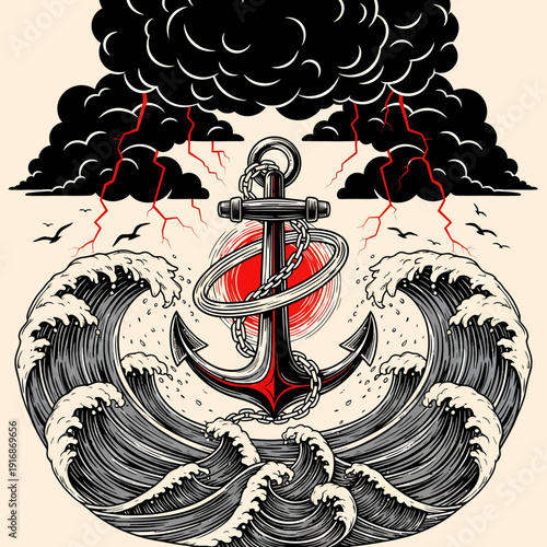An anchor stands firm amidst turbulent waves and lightning storms in a dramatic illustration of strength and resilience