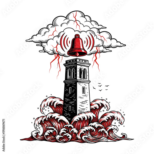 A dramatic illustration of a lighthouse surrounded by turbulent waves and a stormy cloud with a red bell ringing amidst lightning, symbolizing warning and danger from a low-angle viewpoint