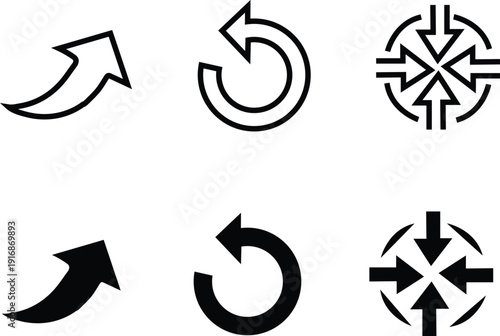 Collection of six distinct arrow icons in black and white for navigation and direction