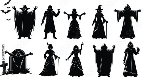 Halloween Horror Character Silhouette Vector Set, Spooky Witch, Vampire, Grim Reaper and Ghost Figures Collection Isolated in Black for Design