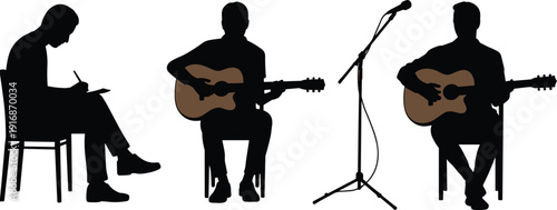 Musician guitarist silhouette set with acoustic guitar and microphone stand, singer performing on stage, songwriter writing notes, live music concert icons isolated on white.
