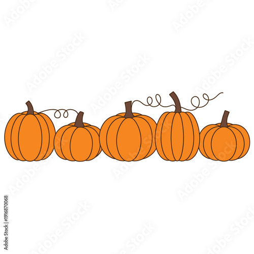 A row of five cartoon pumpkins with curly stems sits neatly