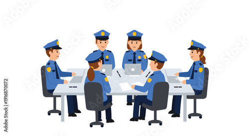 Six uniformed police officers, men and women, are seated around a modern conference table during a team meeting.