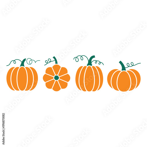 Four orange pumpkins with green stems arranged in a horizontal row