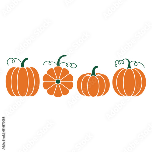 Four orange pumpkins with green vines displayed in a row