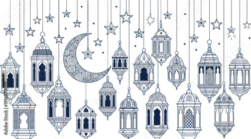 Ramadan hanging lantern decoration set, crescent moon stars islamic arabic lights, festive ramadan kareem vector line art illustration