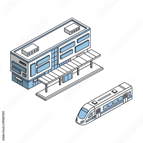 Isometric Train Station and Train Illustration.