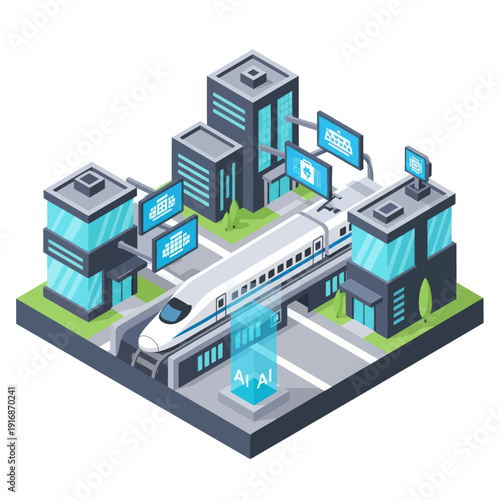 Isometric Illustration of Modern Train Station.